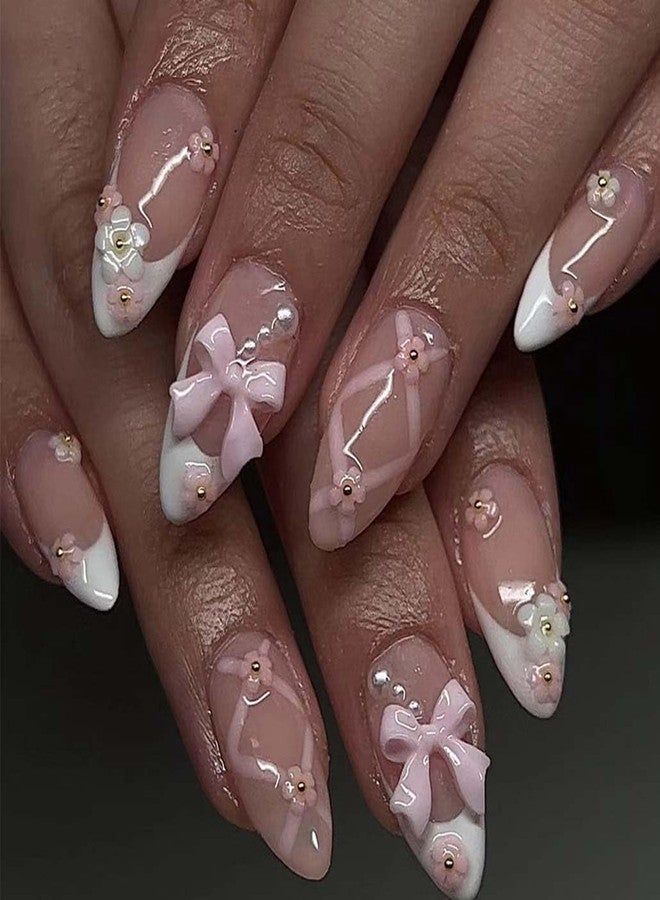 Foccna French Press on Nails Medium Rhinestone Pink Fake Nails Almond Bling Glossy 3D Flower False Nail Tips Artificial Nails Finger Manicure for Women&Girls -24 pcs - Image 1